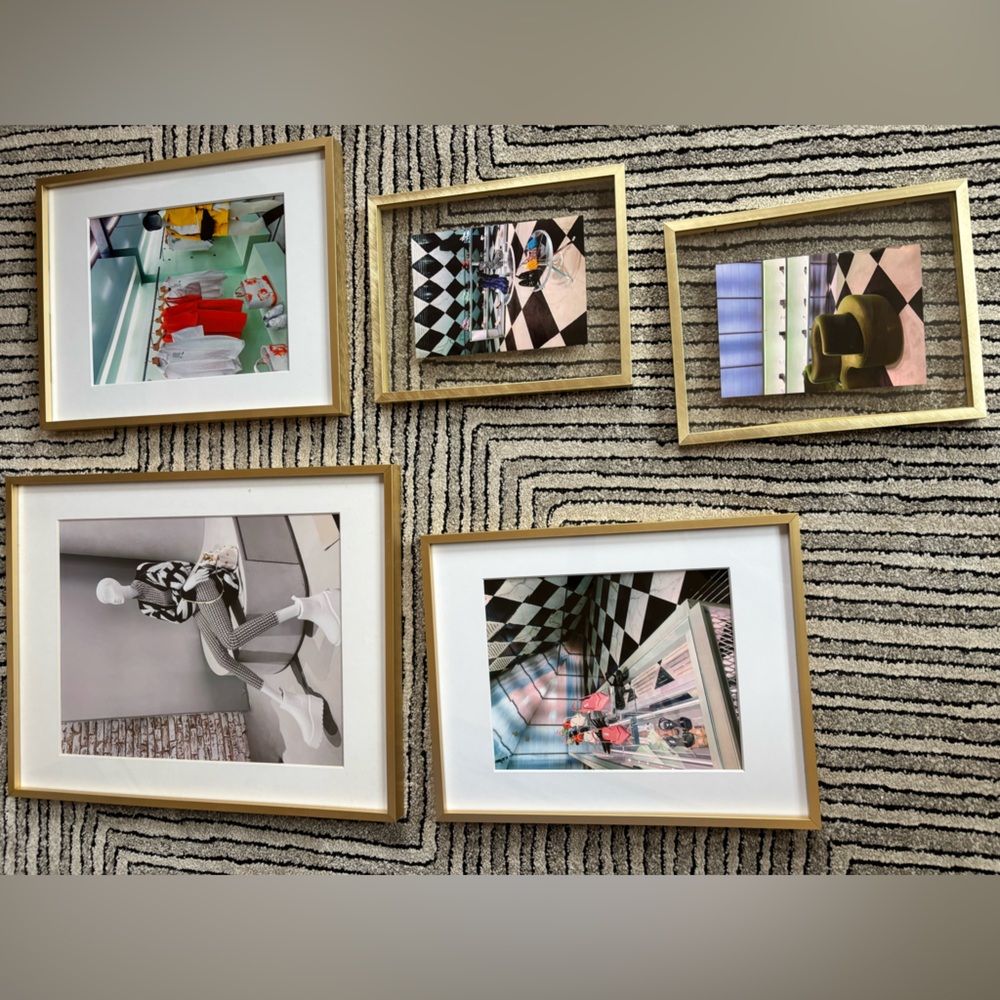 Set of 5 Artsy wall art one 11 x 14, two 8 1/2 x 10 framed art